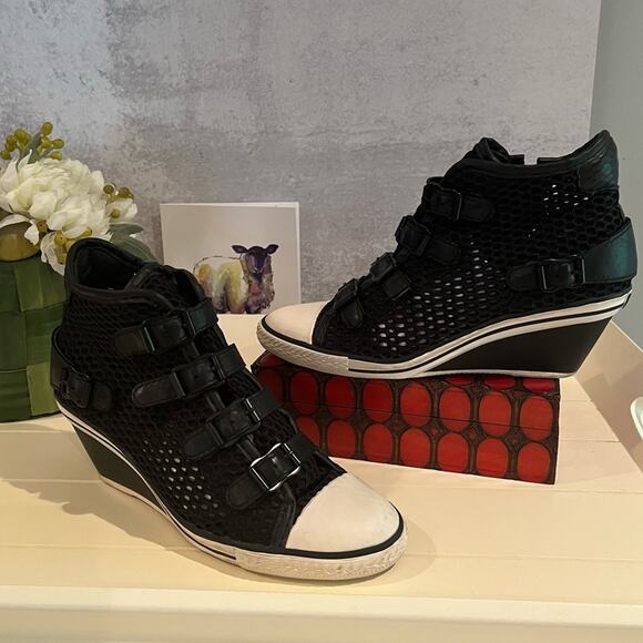 ASH Mesh Wedge Sneakers Black Buckle Details Side Zip Closure…